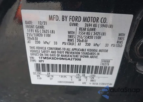 2022 Ford Explorer Xlt from USA, damaged, VIN 1FMSK8DH9NGA27998